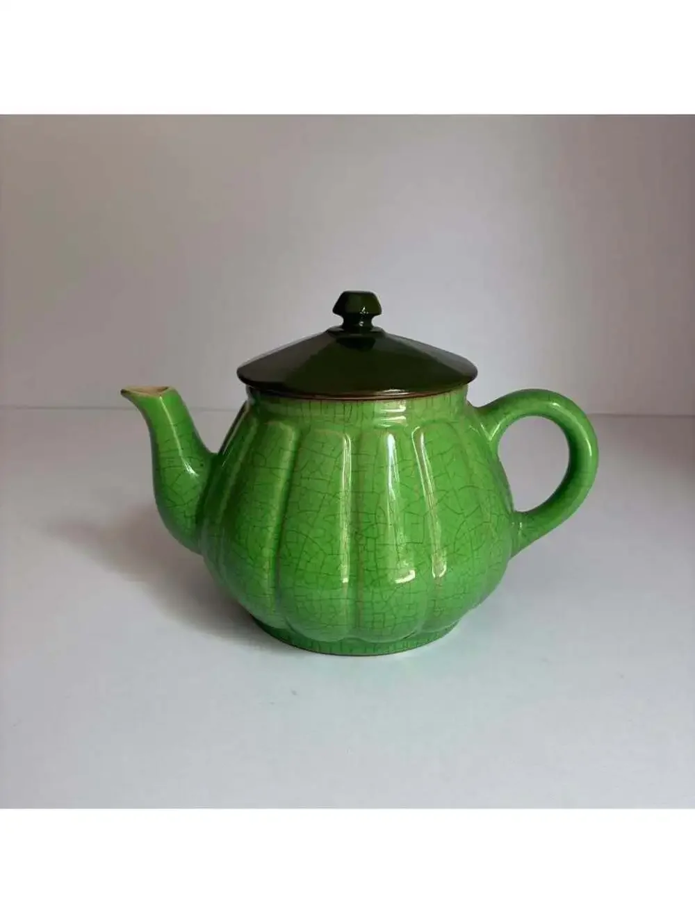Vintage Green Crackle Glaze Ceramic Teapot Art Pottery Two Tone Ribbed 6”